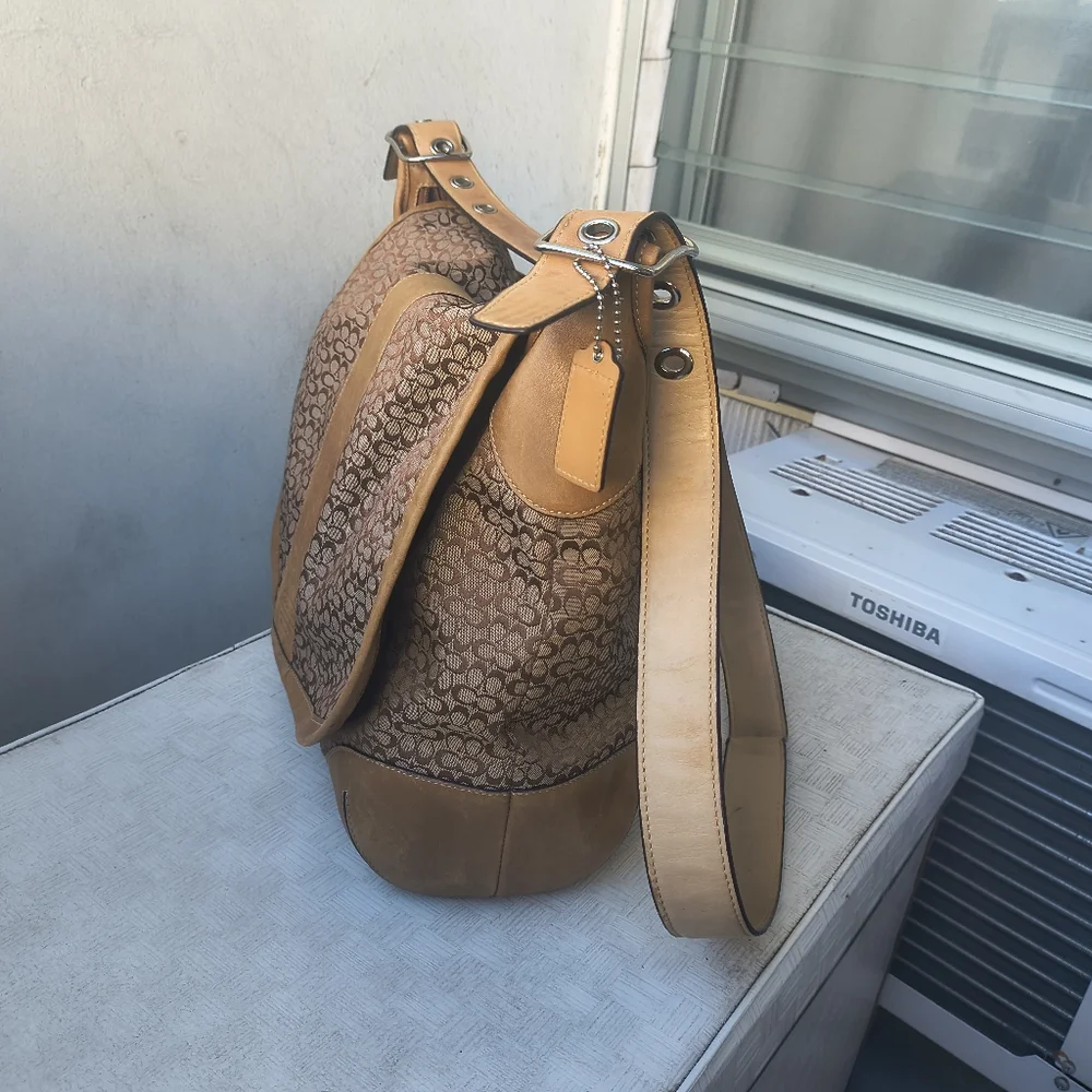 Coach 5796 Vtg Crossbody Messenger Travel Bag Jacquard Leather Large Camel Brown